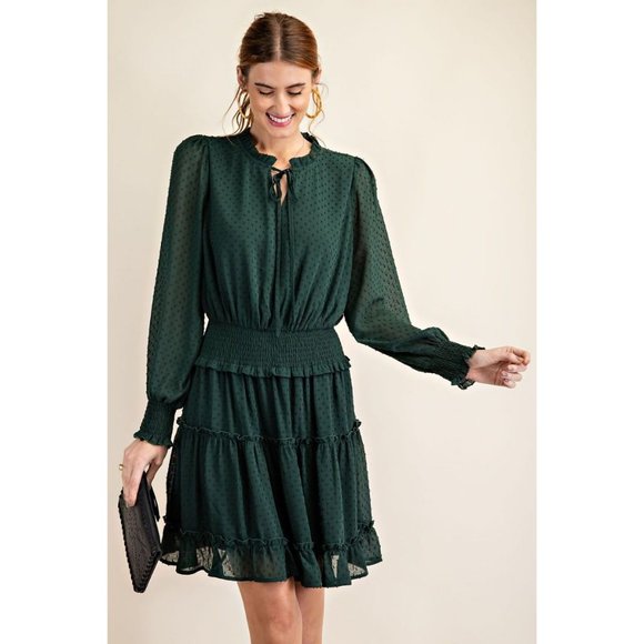 easel Dresses Easel Teal Green Chiffon Tie Closure Neck Smocked